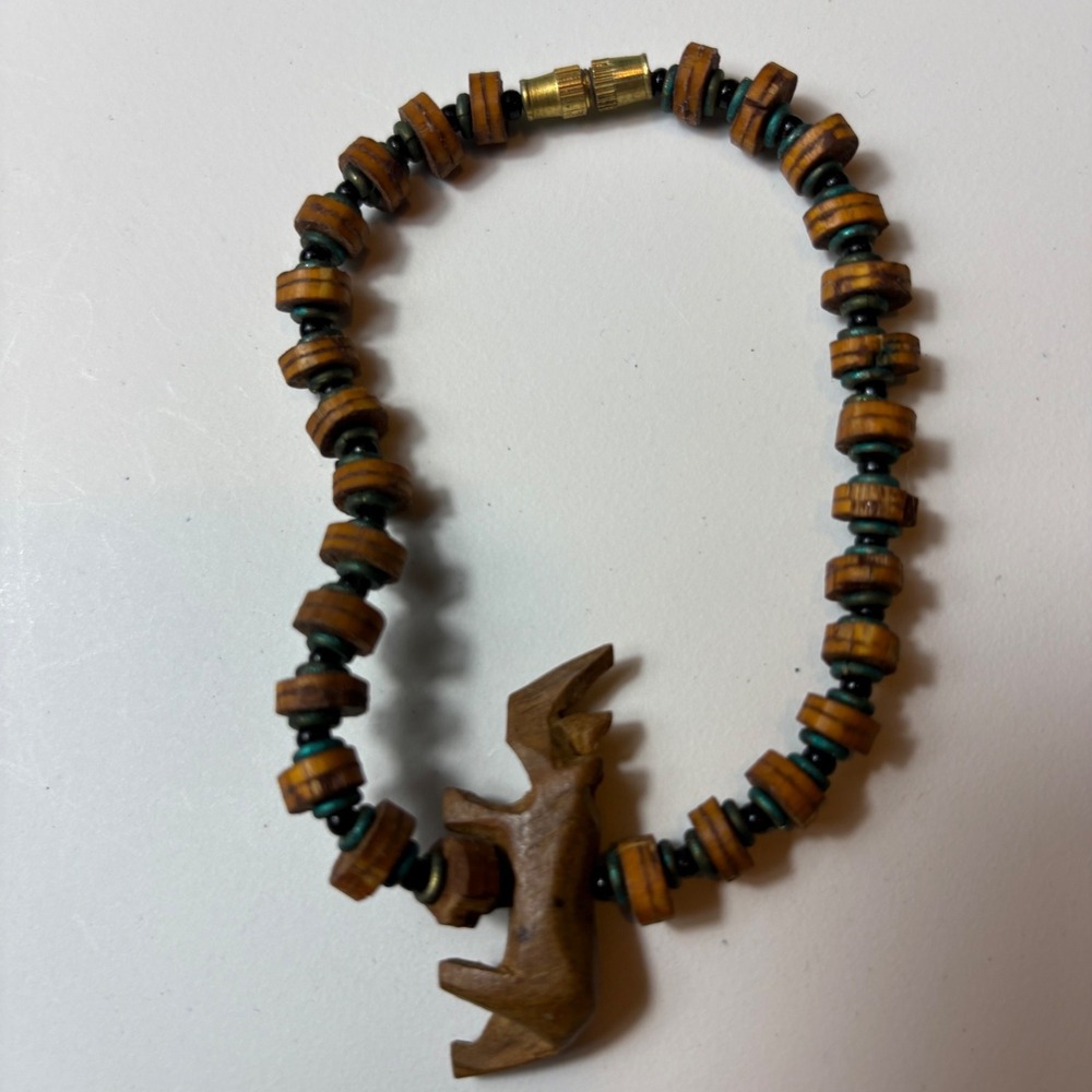 Hand Carved Wood Rhino Beaded Bracelet Boho Safari Animal‎ Jewelry
